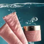 Pink packaging of Vegamour's HYDR-8 hair collection, featuring two tubes and a jar with gold caps, floating in water, conveying hydration and luxury.