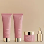 Luxurious hair care products on display: two pink tubes, a jar, and a gold dropper bottle with pink accents, set against a warm beige background.