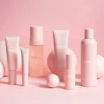 Pink-themed skincare products with minimalistic designs arranged on a pink background. The setup conveys a soft, elegant, and luxurious tone.